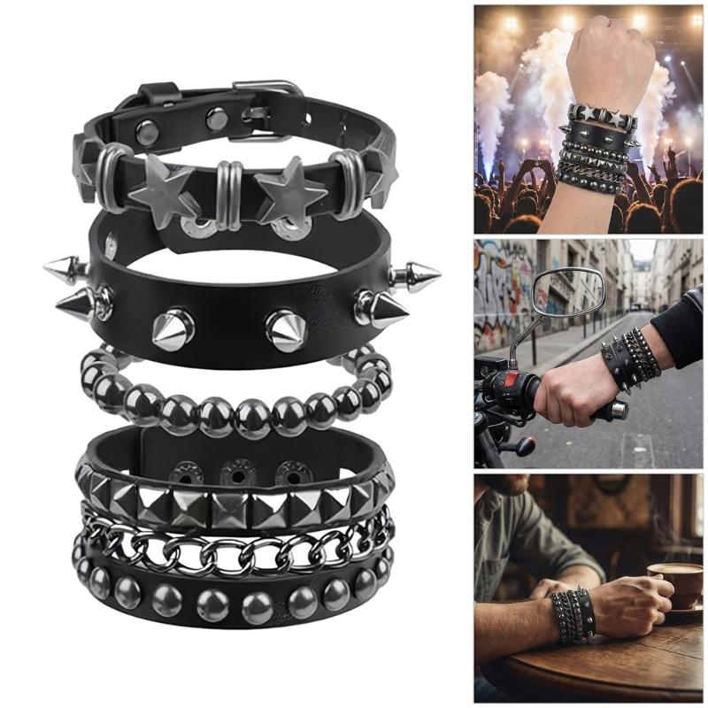 Pack of 4 Gothic Riveted Bracelets Leather Material Wrist Chains Comfort Fit for Concerts Themed Event and Daily Use