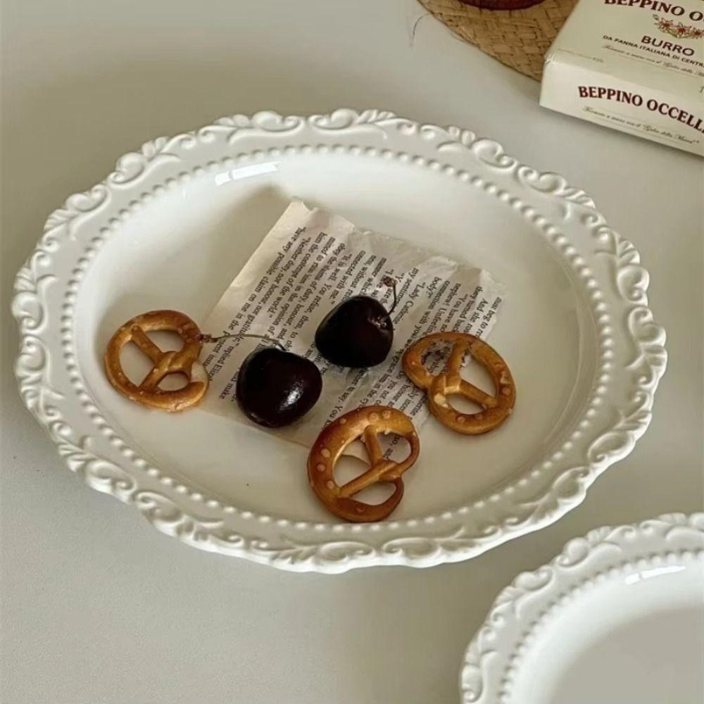 Embossed Design Ceramic Dessert Plate White/Yellow Color Western Dining Tableware  Kitchen Use