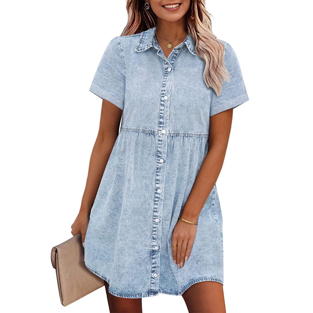Women's Short-sleeved Button-down Shirt Denim Dress