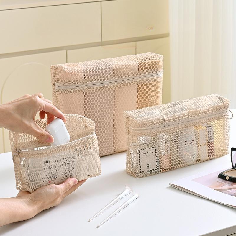 Mesh Travel Toiletry Bags - Clear Zipper Travel Organizer, Airport Carry-On Compliant Reusable Cosmetic Makeup Bag