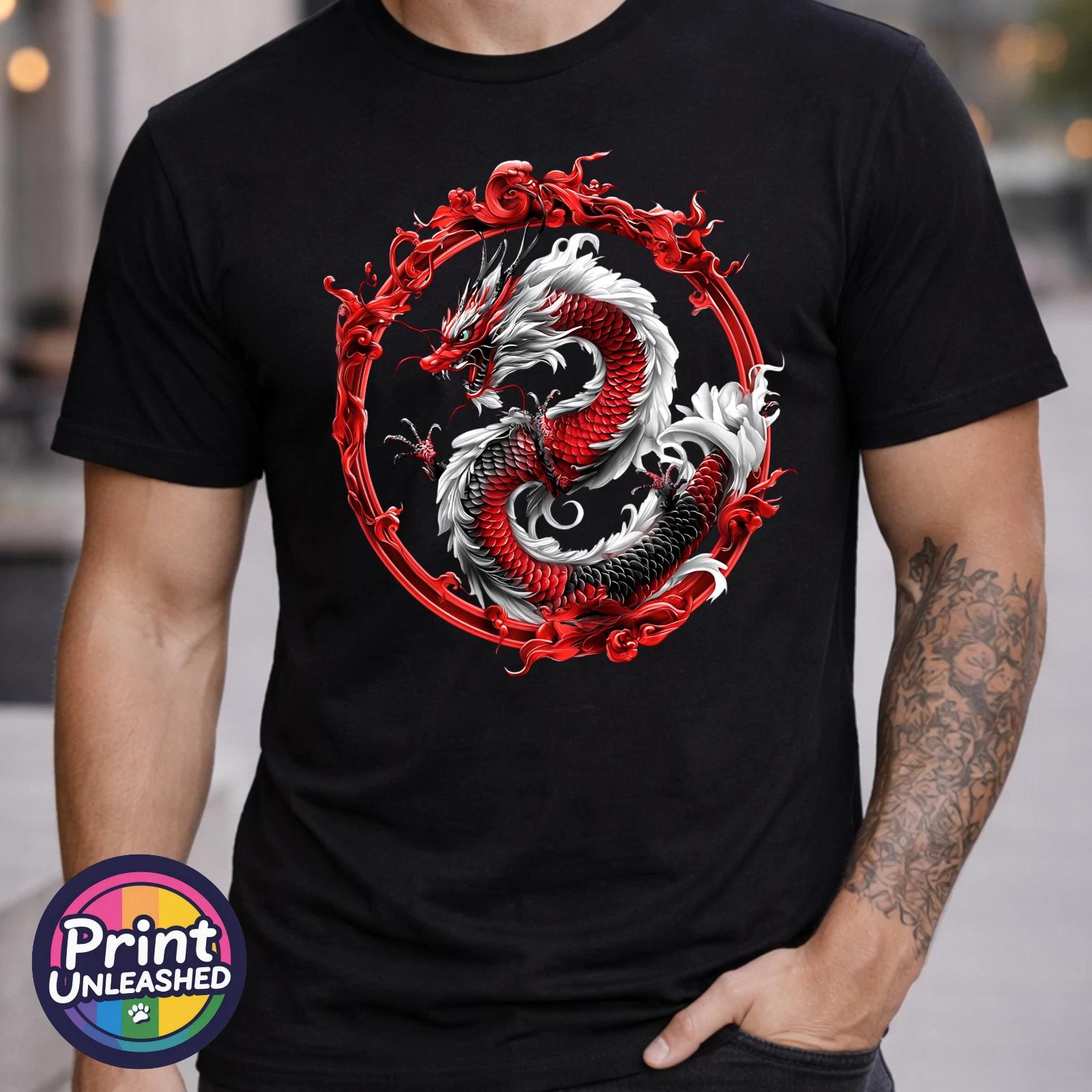 Red White Dragon T Shirt Oriental Mythical Dragon Graphic Tee Fantasy Gift S-2XL S