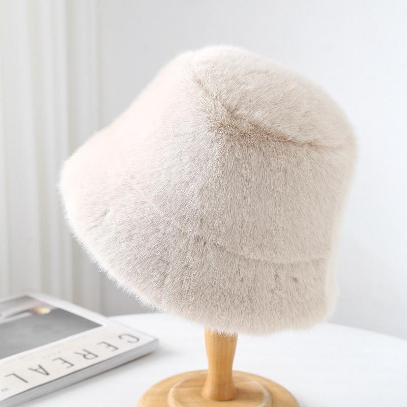 Winter Plush Hat Women's Thickened Warm Fashion Ear Protection Bucket Hat Imitation Mink Fur Windproof and Coldproof Basin Hat