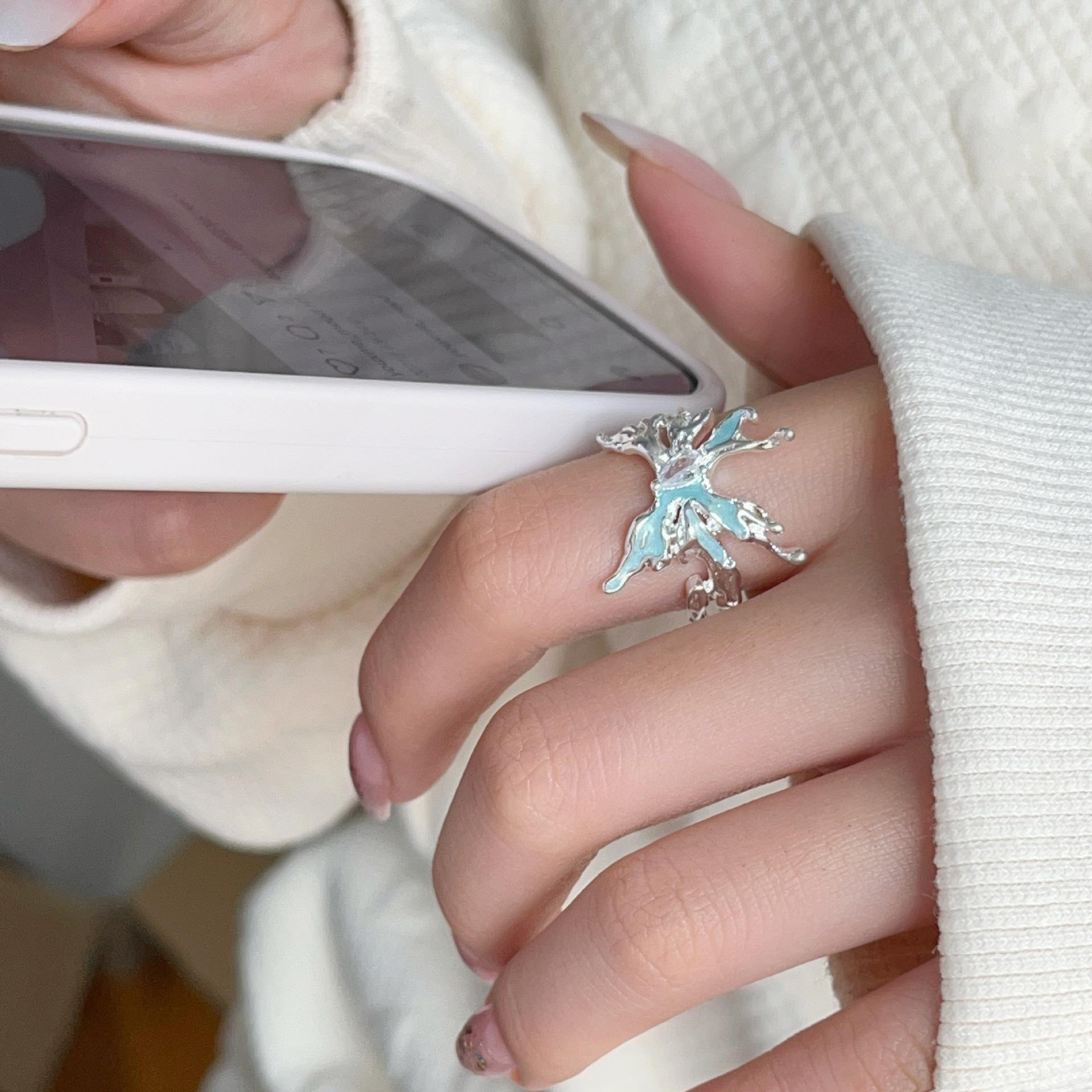 Parisian Artistic Butterfly Ring: Lava Texture, Blue-Green Enamel Wings with Zircon Inlay Adjustable Open Size