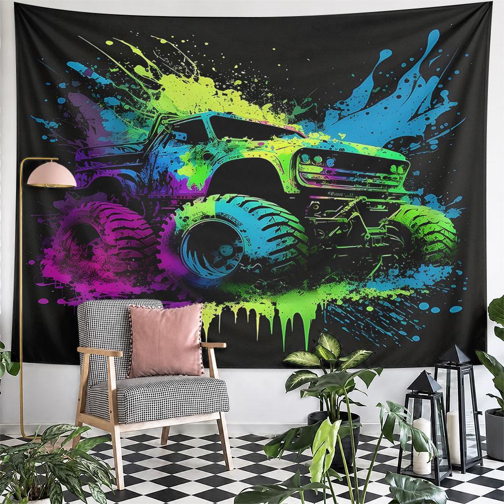 Neon Monster Truck Splash Art Pattern Wall Hanging Tapestry Decorative Tapestry Home Decor for Bedroom and Living Room