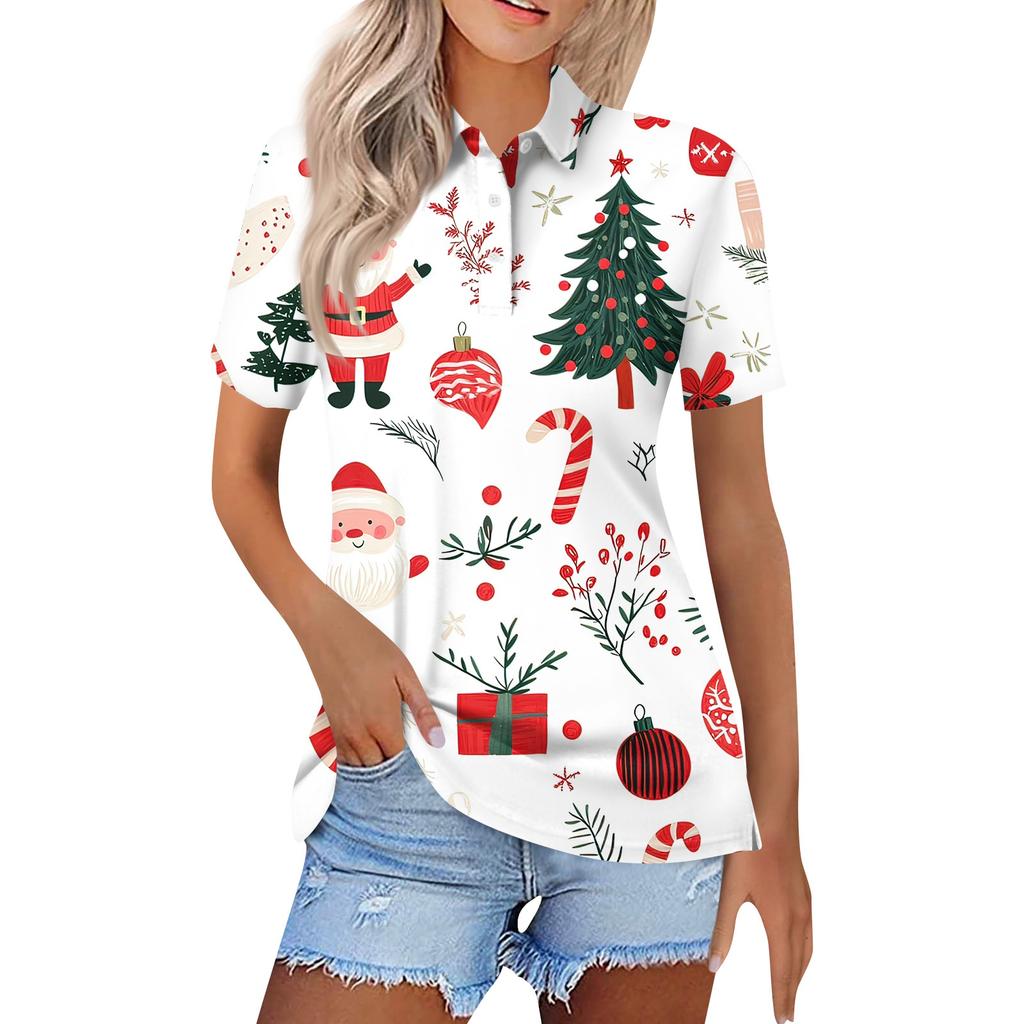 Women's Fashion Casual Lapel Short Sleeve Christmas Print Shirt Women's Button Up Tops