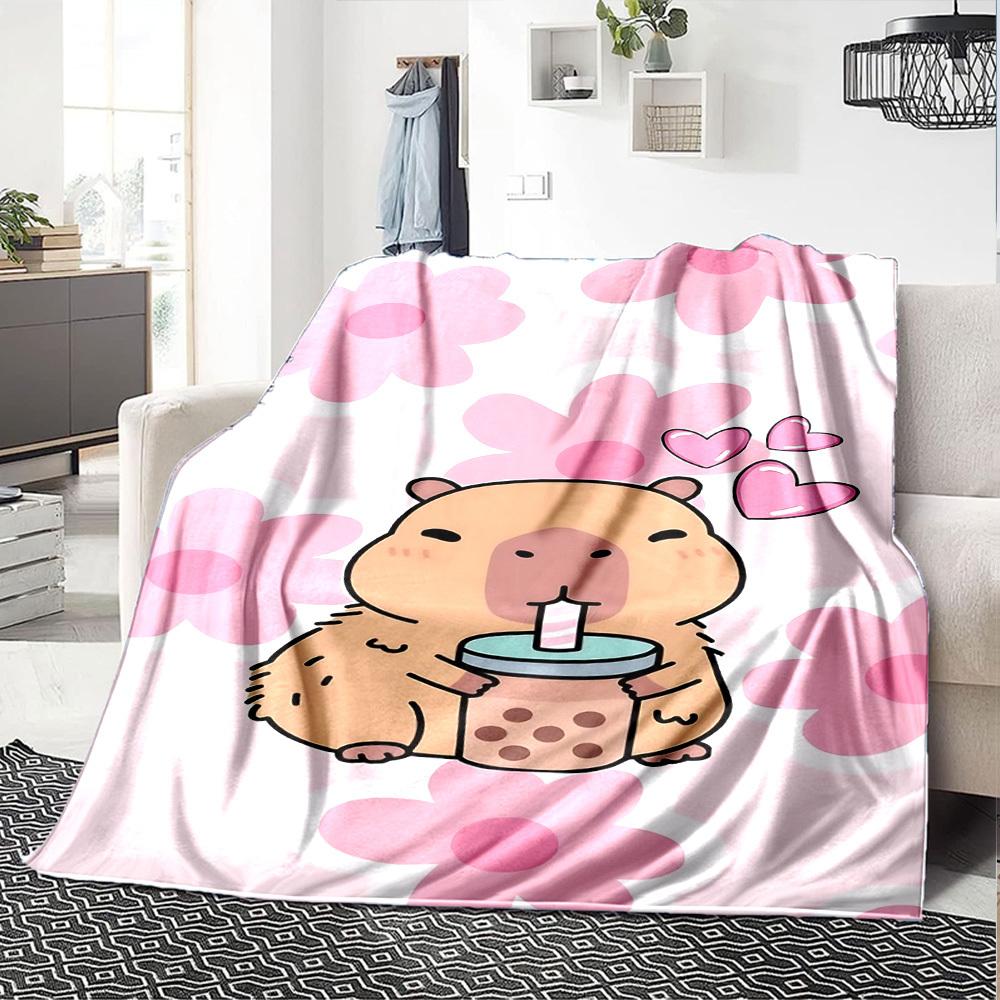 1pc Capybaras, Bubble Tea Blanket Lightweight Flannel Throw for Sofa Bed Travel Camping Livingroom1101L