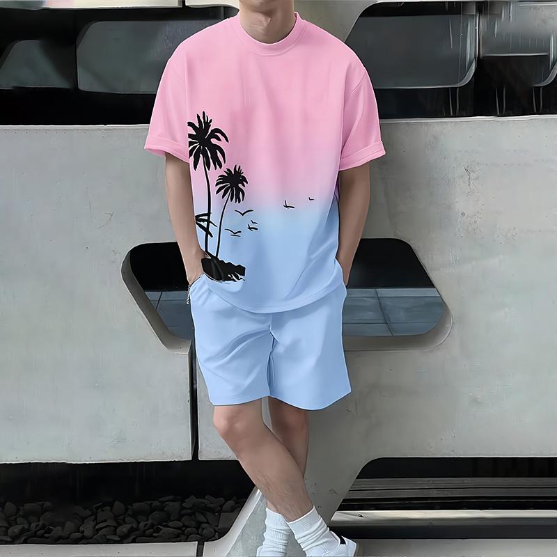 Stylish Men's Casual Suit Summer Breathable And Refreshing Suit Beach Style Printed 3D Coconut Oversized Men's Loose Top