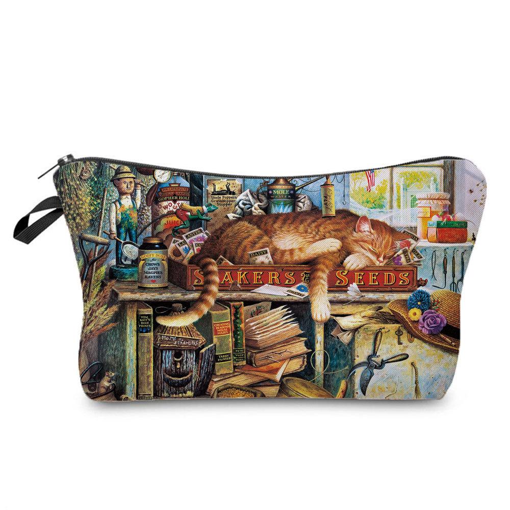 Kvinnor Diverse Kattryck Kosmetikaväska Toalettartiklar Organisera Reseförvaringsfodral 6404