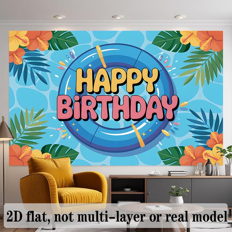 Tropical Birthday Banner, Blue Pool Flower Pattern Backdrop Wall Decor for Summer