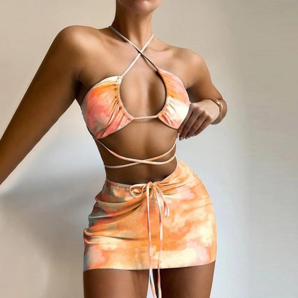 Women's Summer Fashion Sexy Marble-print Backless Lace-up  Waist Pleated Knotted Bikini Three-pieces Swimsuit