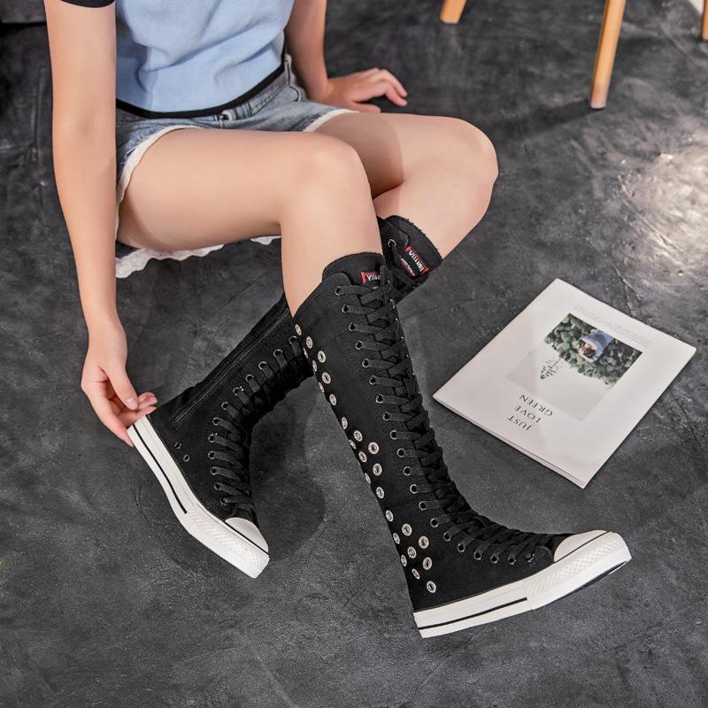 Scarpe da donna a tubo lungo con cinturino frontale e cerniera laterale scarpe a tubo lungo scarpe in tela traspirante vuote con strass lunghe