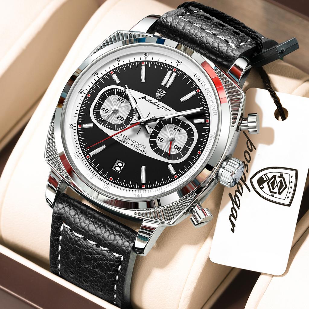 POEDAGAR Original Fashion Men Clock Luminous Waterproof Chronograph Date Watch for Man Luxury Leather Quartz Watches Reloj