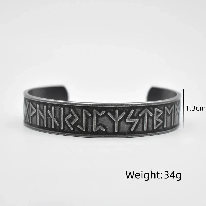 Viking Totem Letters Cuff Bracelet Norse Mythology Antique Black Stainless Steel Bangle Jewelry for Men