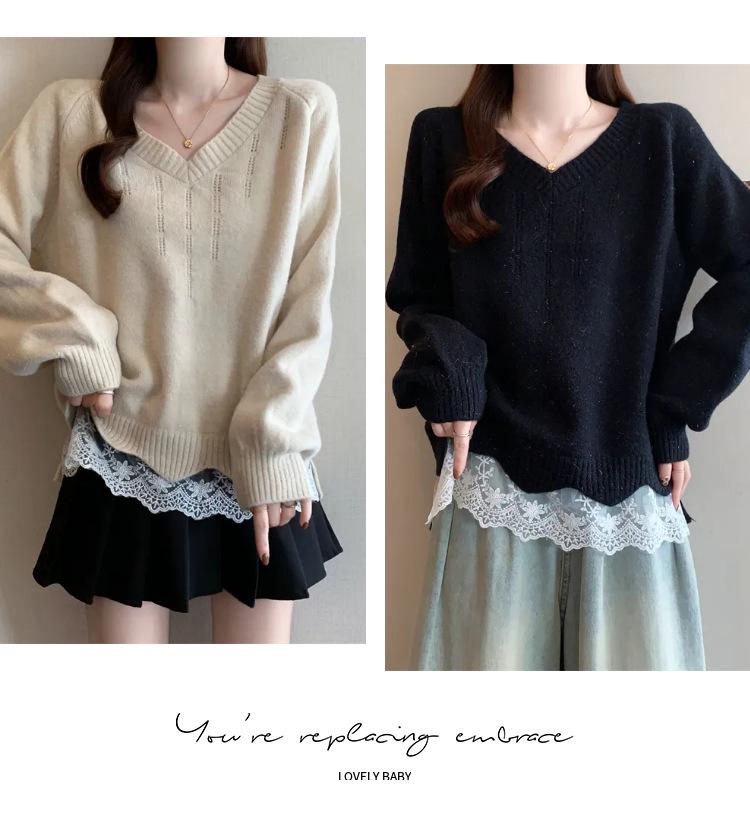 French Lace V-neck Patchwork Two-Piece Knit Sweater - Loose Fit for Autumn/Winter
