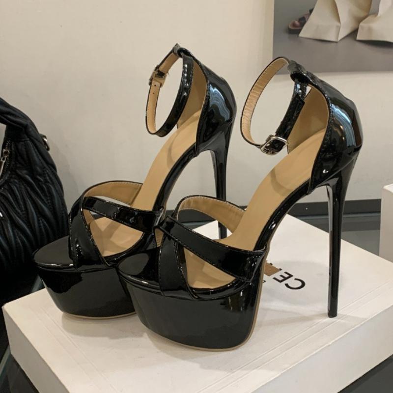 Fashion Black Patent Leather Cross Tied High Heel Sandals Women Fashion Super High Heel Platform Sandal Sexy Plus Size Pole Dancing Shoe