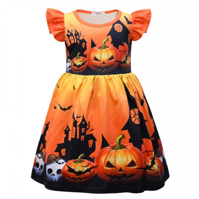 Girls Halloween Short Dress Ruffle Sleeve Round Neck A-Line Party Kids Casual Costume