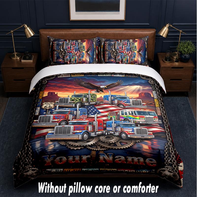 Truck Theme Custom Text Or Name 3Pcs Bedding Set,1 Flat Sheet & 2 Pillowcases Personalized Home Bedding