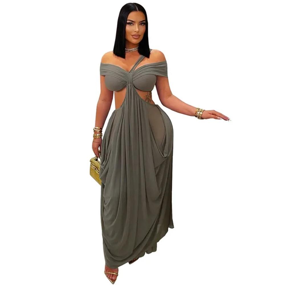 

Sexy Beach Long Dress Women Hollow Out Backless Fold A Line Vestidos Summer Fashion Chic Solid High Waist Dresses XXL