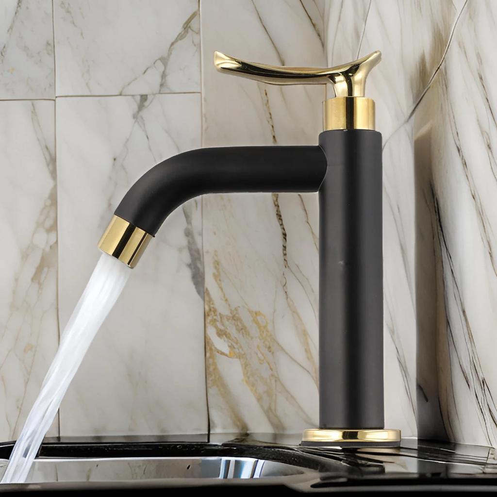 Bathroom Faucet Stainless Steel Sink Tap Black&Gold Single Cold Water Washbasin Tap Deck-mounted Bathroom Basin Faucet