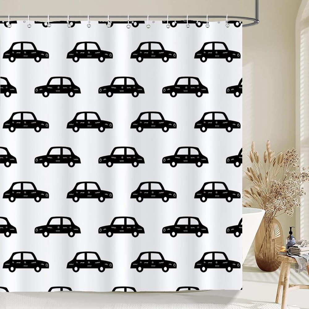 Black and White Simple Cartoon Shower Curtain Washable Polyester Bathroom Curtains Decor Bathtub Partition Curtain With Hooks