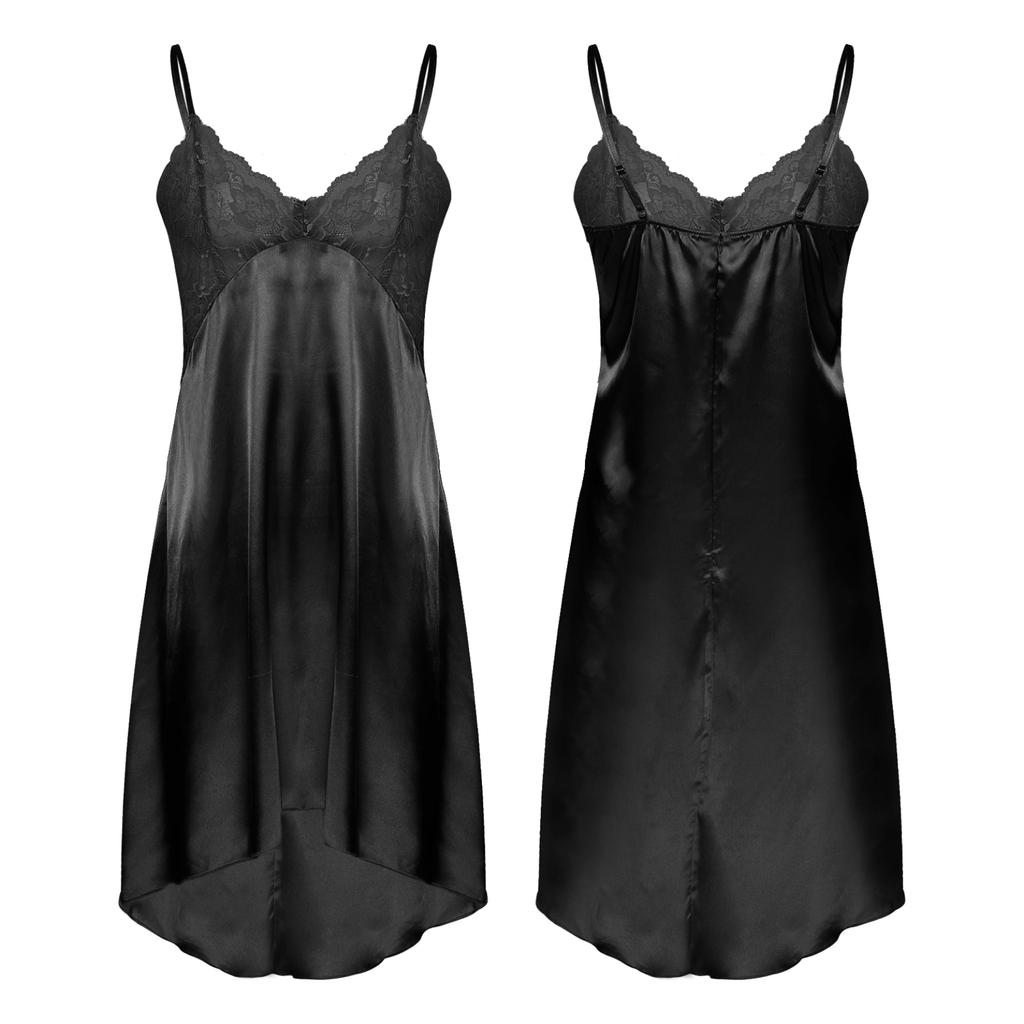 Men's Sheer Lace Patchwork Satin Nightdress Sissy Crossdress Lingerie Nightwear Pajamas