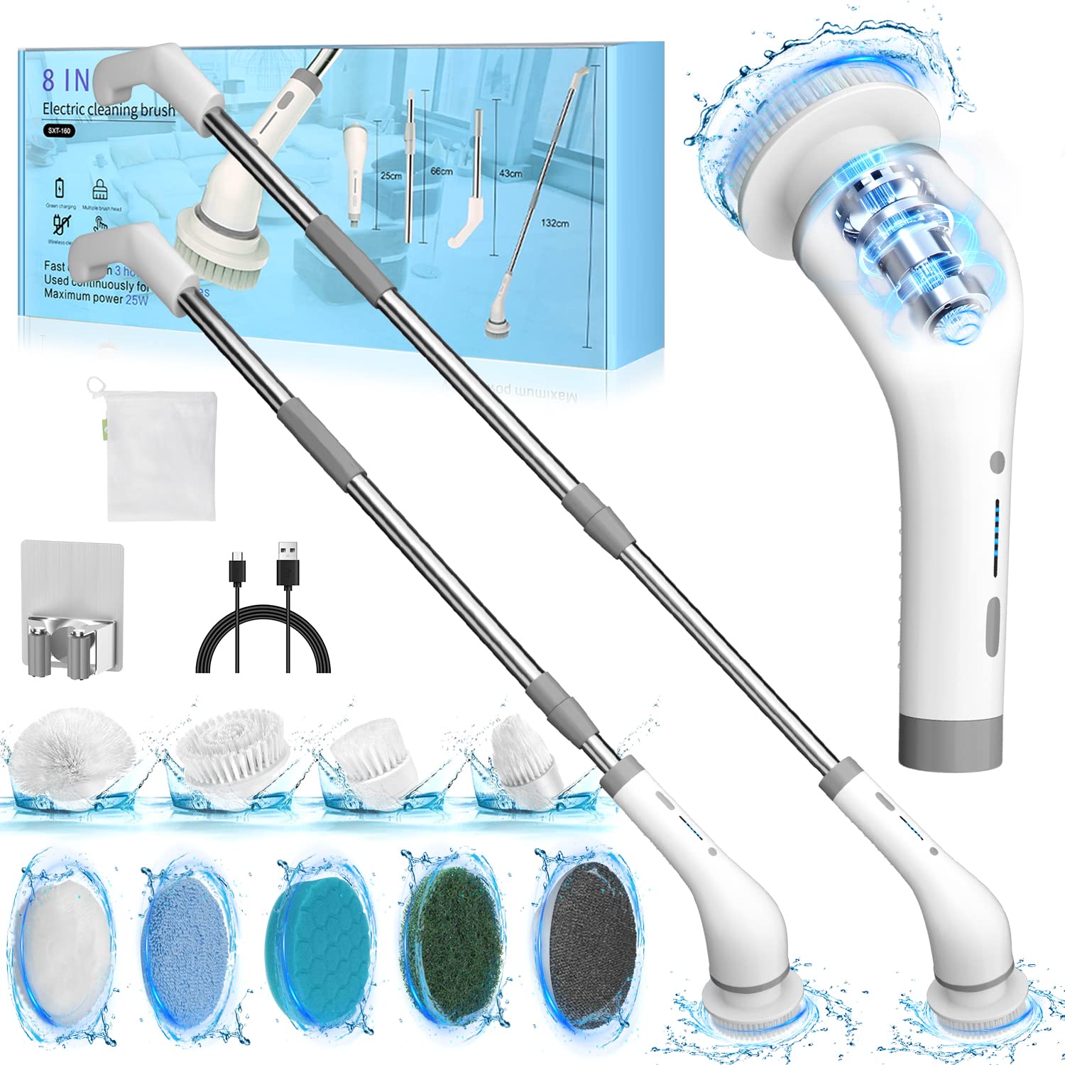 

Электрическая вращающаяся щетка для пола, щетка для чистки душа, 2 вращающиеся чистящие щетки с регулируемой скоростью и 8 сменными насадками.