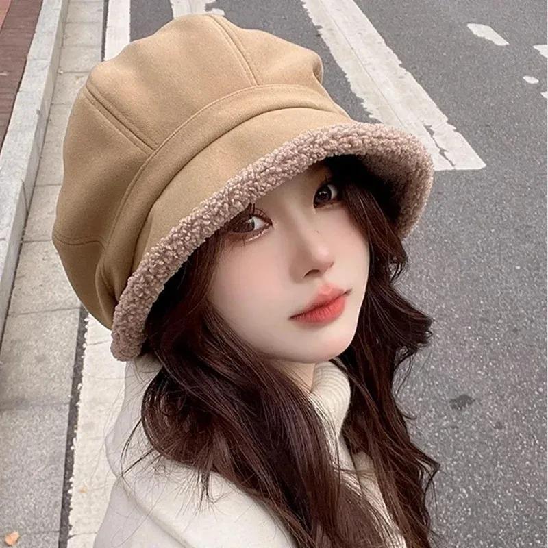 Winter Baskenmütze Hüte Frauen Retro Einfarbig Samt Achteckige Hüte Mädchen Verdickt Warm Hohe Qualität Casual Hut Mode Zubehör