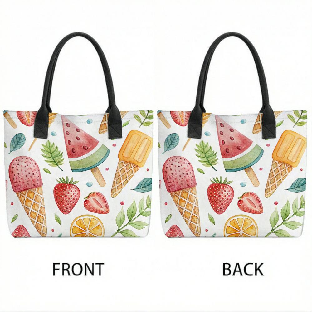 Summer Ice Cream Print Canvas Tote Bag Casual Large Capacity Shopping Handbag for Women Daily Use