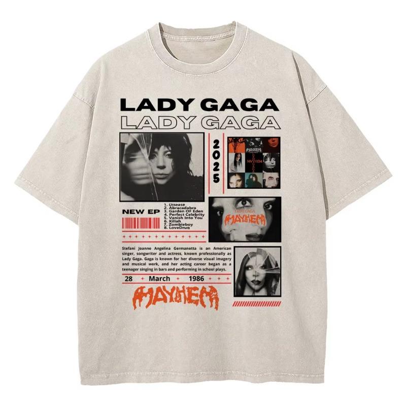 Vintage Washed Lady Gaga The Mayhem Ball Tour 2025 T Shirt Fashion Women Aesthetic High Quality Acid Wash 100% Cotton Tees