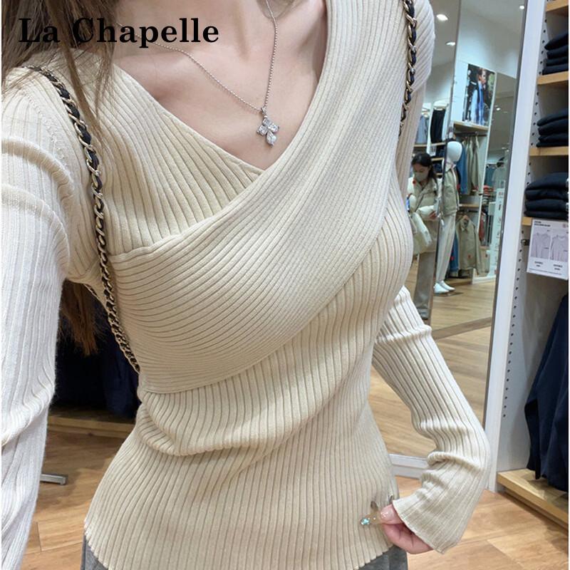 La Chapelle Women's Irregular V-Neck Long Sleeve Knit Sweater