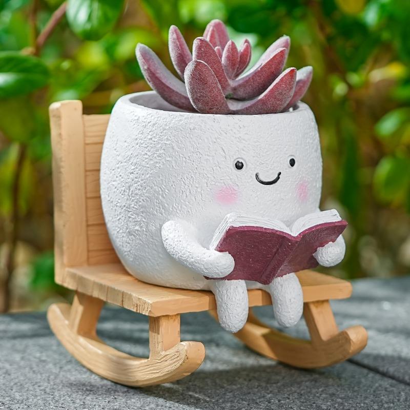 Angel resin rocking chair succulent pot for indoor tables and courtyards, handmade decor and nice gift for plant lovers.