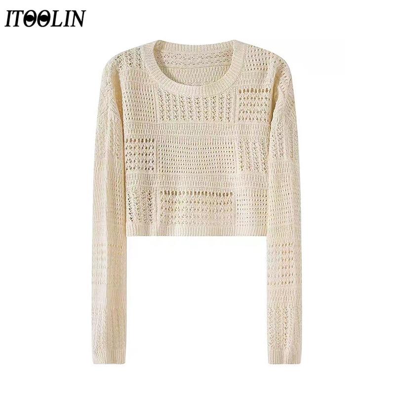 

ITOOLIN летняя женская сексуальная ажурная вязаная рубашка с круглым вырезом шикарная вязаная футболка с длинными рукавами повседневные свободные женские пляжные топы