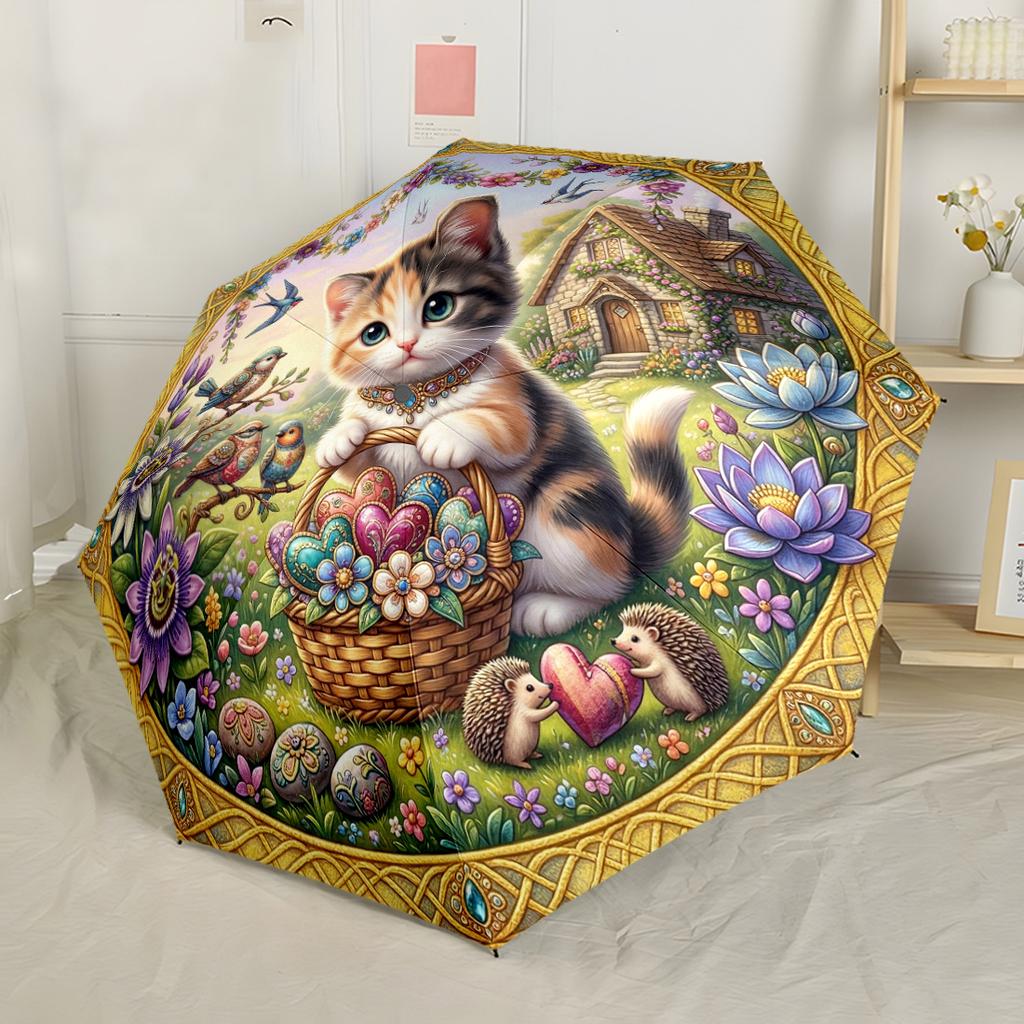 Waterfall Cat Roses Automatic Umbrella Folding Umbrella with 8 Ribs Foldable Design for Outdoor Daily Use Fashionable Accessory Stylish Gift Women