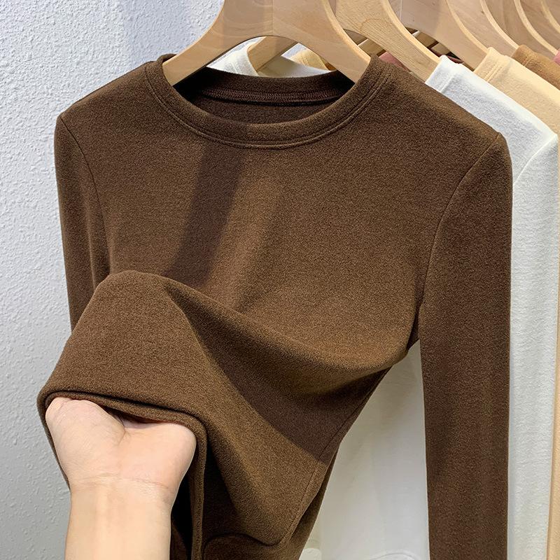 Develvet Basic-Shirt für Damen Neues Damen-Einfarbiges Rundhals-Woll-T-Shirt Thermisches Unterhemd für die Taille