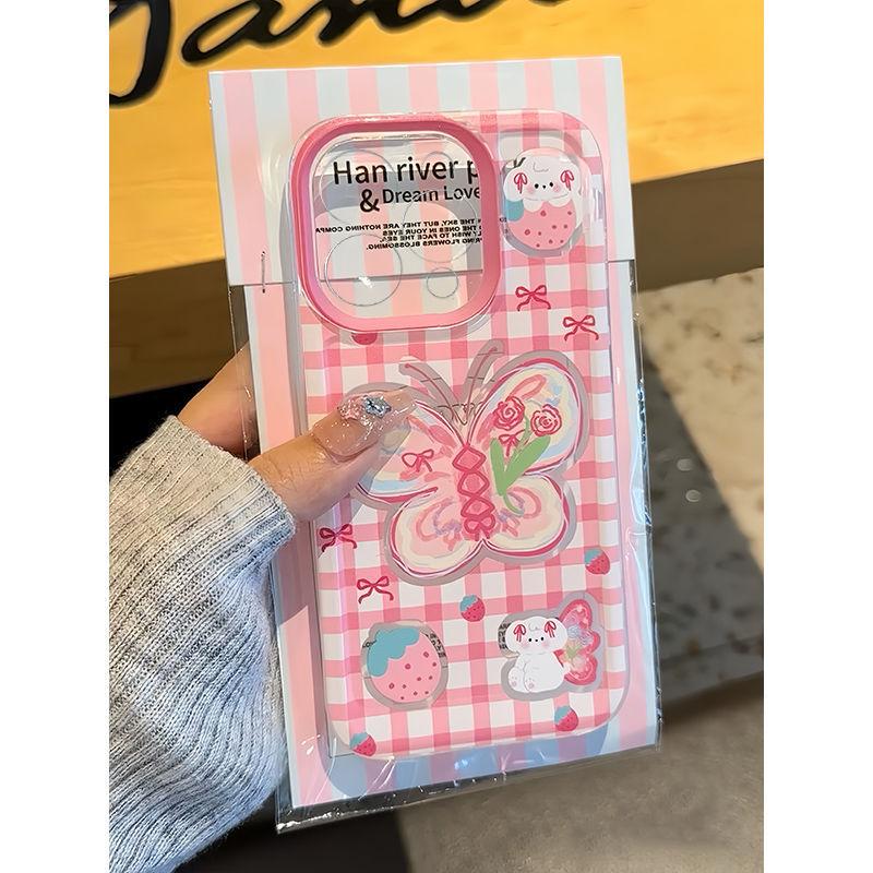 Doodle Suitable for Apple 16pro Butterfly Phone Case Iphone14 Space 15 Cute Pink and White Checkered Protective Case