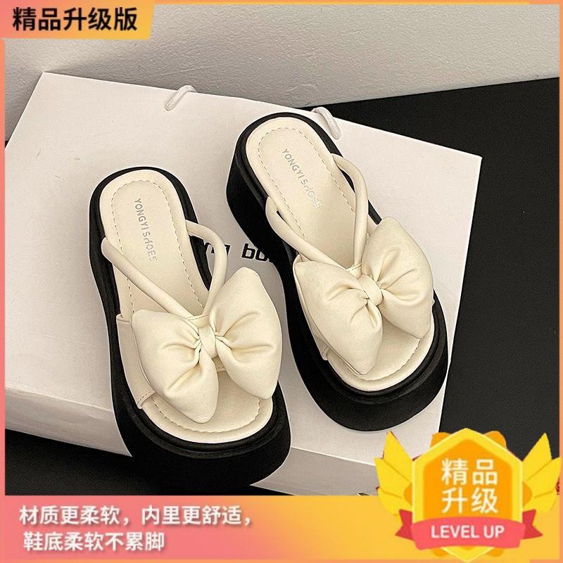 Gentle fairy wind bow thick bottom heightening women's outer wear 2025 summer new fashionable versatile one-word cool slippers