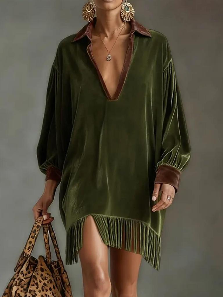 2026 Retro Color Block Tassel Lapel Dress - Long Sleeve, Loose Fit with Pockets for Women