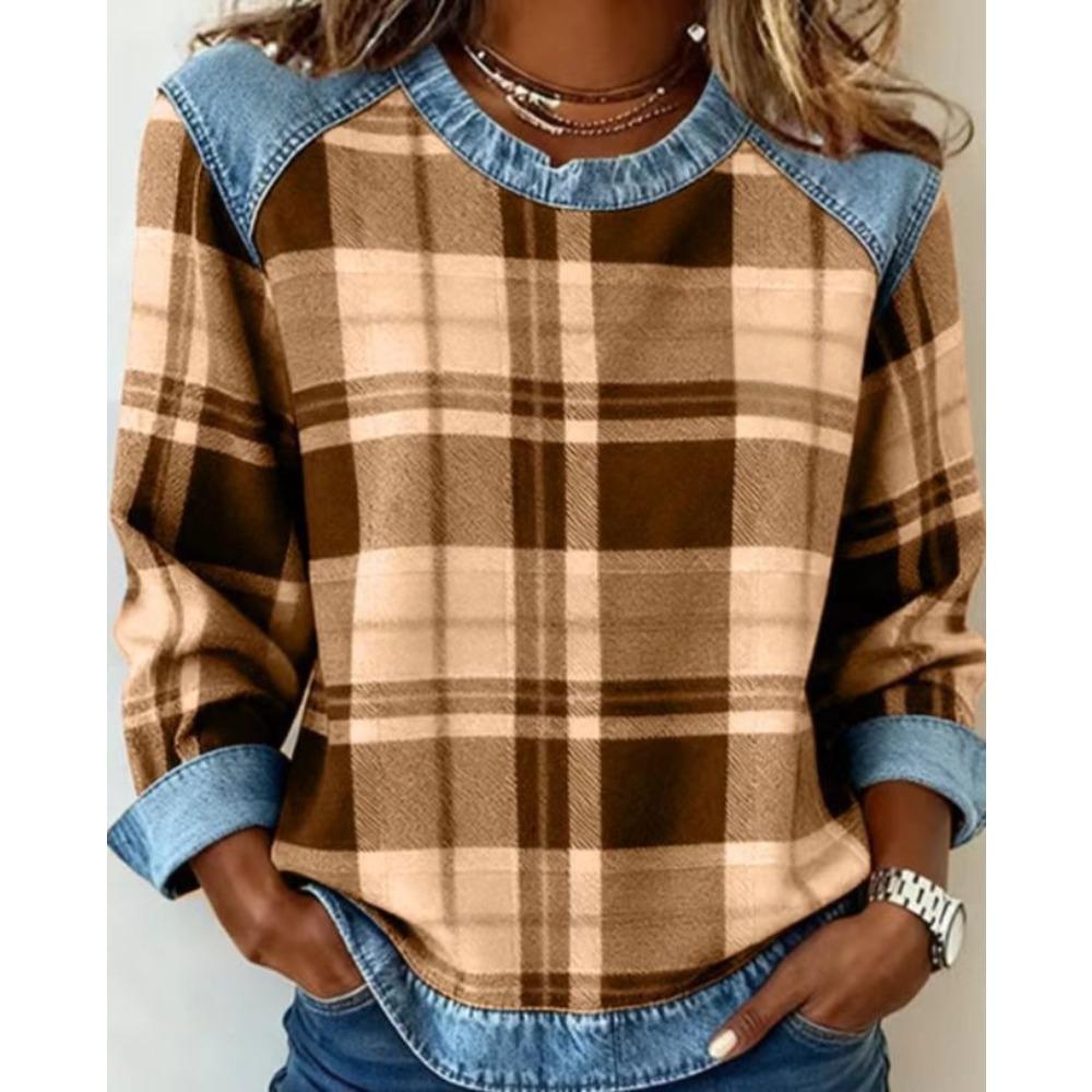 Damen karierter Patchwork-Kapuzenpullover aus Kunstdenim, Rundhals lockeres lässiges Sweatshirt, Mode bequemes Streetwear-Oberteil