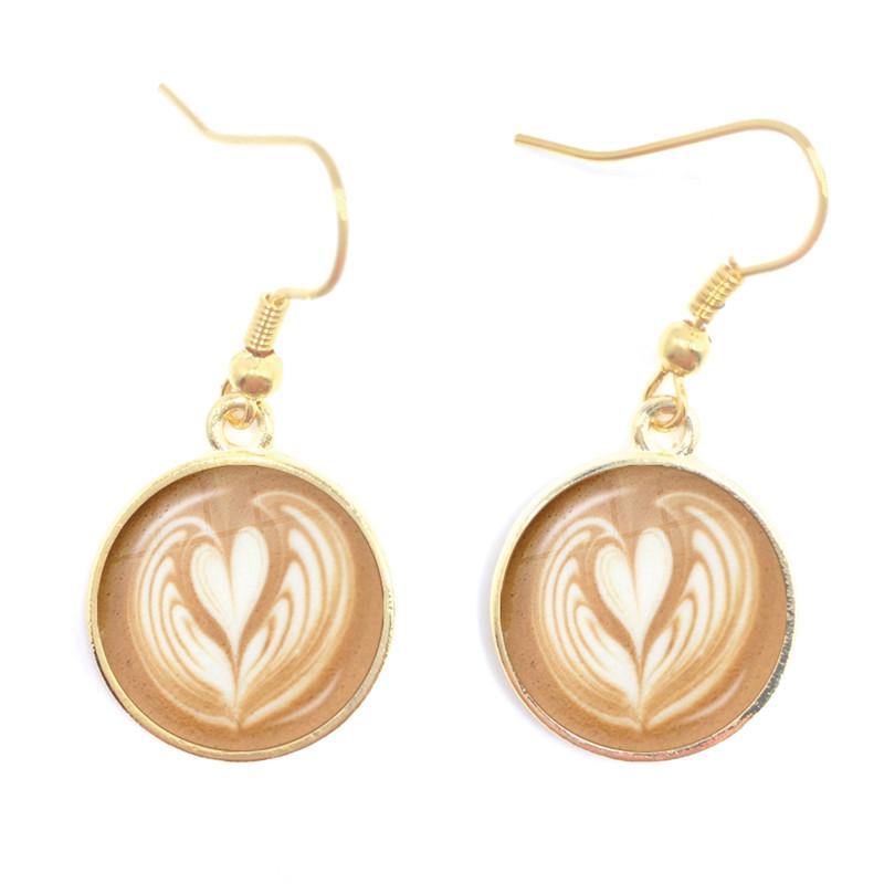 Coffee Latte Carving Love Heart Art Drop Earrings Chocolate Printing Flower Charm Jewelry For Women Gift Wholesale