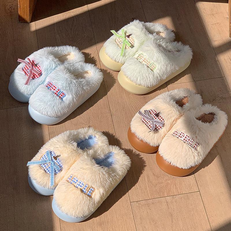 New Autumn and Winter Plush Apple Bow Cotton Slippers Piled and Thickened To Keep Warm Can Be Worn Outside Women's Cotton Mop
