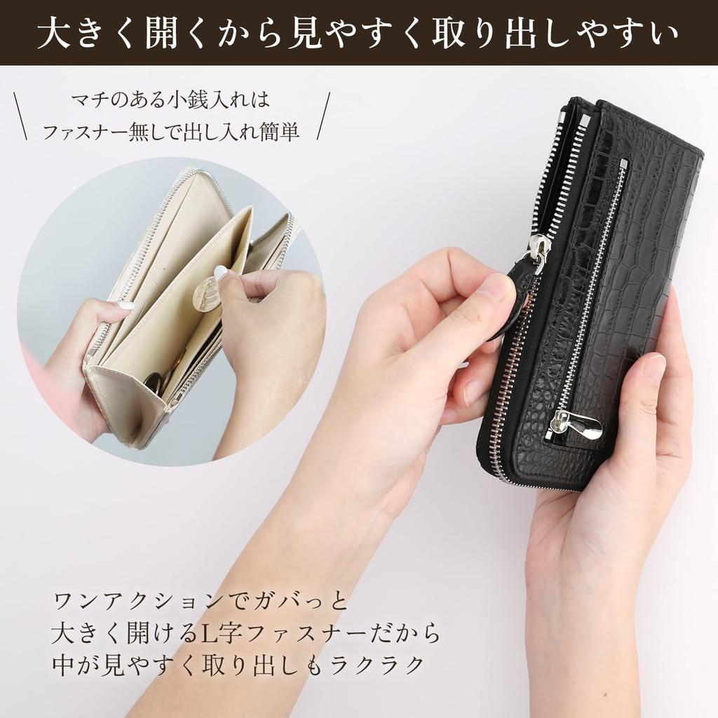 ASIAN ZACCA Damen Kompaktes Langes Portemonnaie, Krokodil-Prägung Leder, Ungefähr die gleiche Breite wie ein 10.000-Yen-Schein, Großes Fassungsvermögen, Dünn L-Form