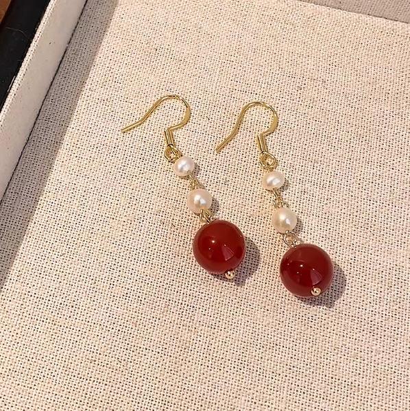 Natural pearl earrings New Chinese agate long earrings Light luxury red stud earrings