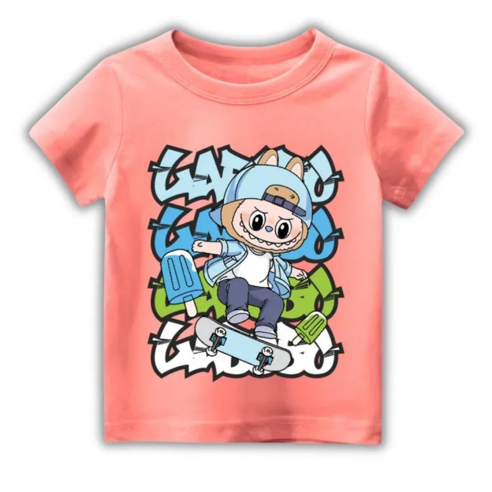 

2025 Новая детская футболка Скейтбординг Молодежная LABUBU Принт Круглый вырез Короткий рукав Повседневный Топ для девочек 100