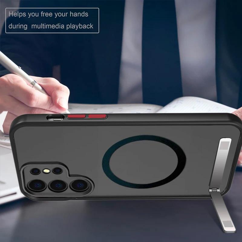 Magnetic Mobile Phone Case with Kickstand for Samsung Galaxy S24 S23 Ultra Plus S22 5g Translucent Cover Cases with Holder