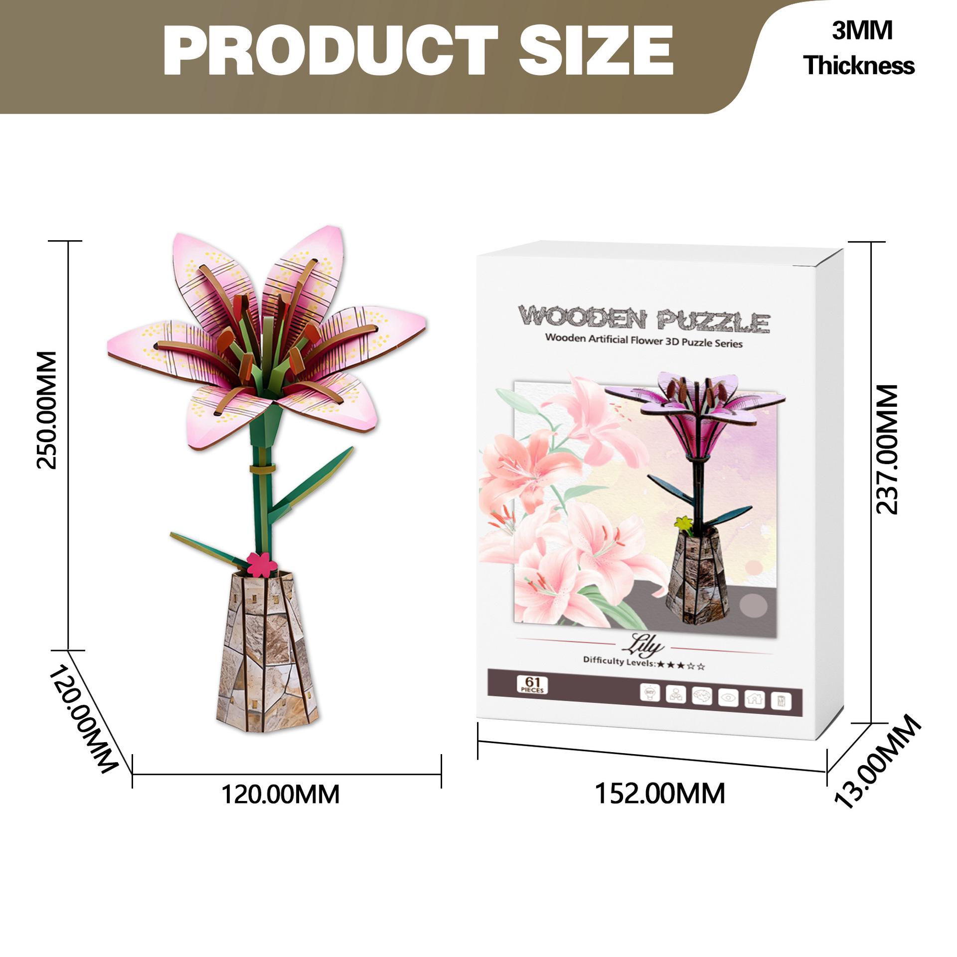 Wacocetoy 3D Lily Flower Wooden Puzzle & DIY Coloring Set