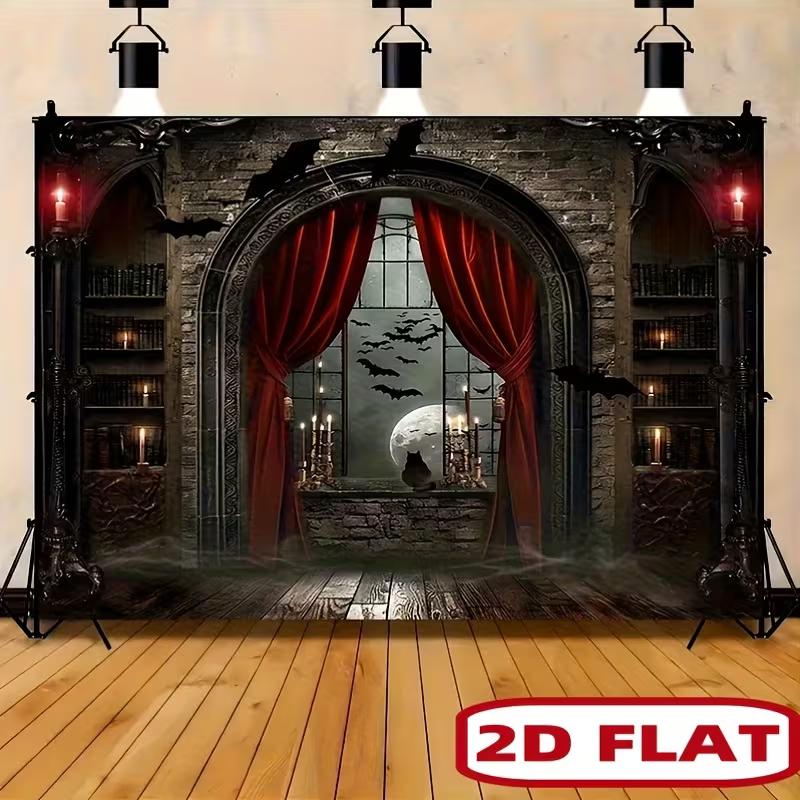 2D Spooky Moon Night Background Cloth Haunted Library Halloween Photo Prop