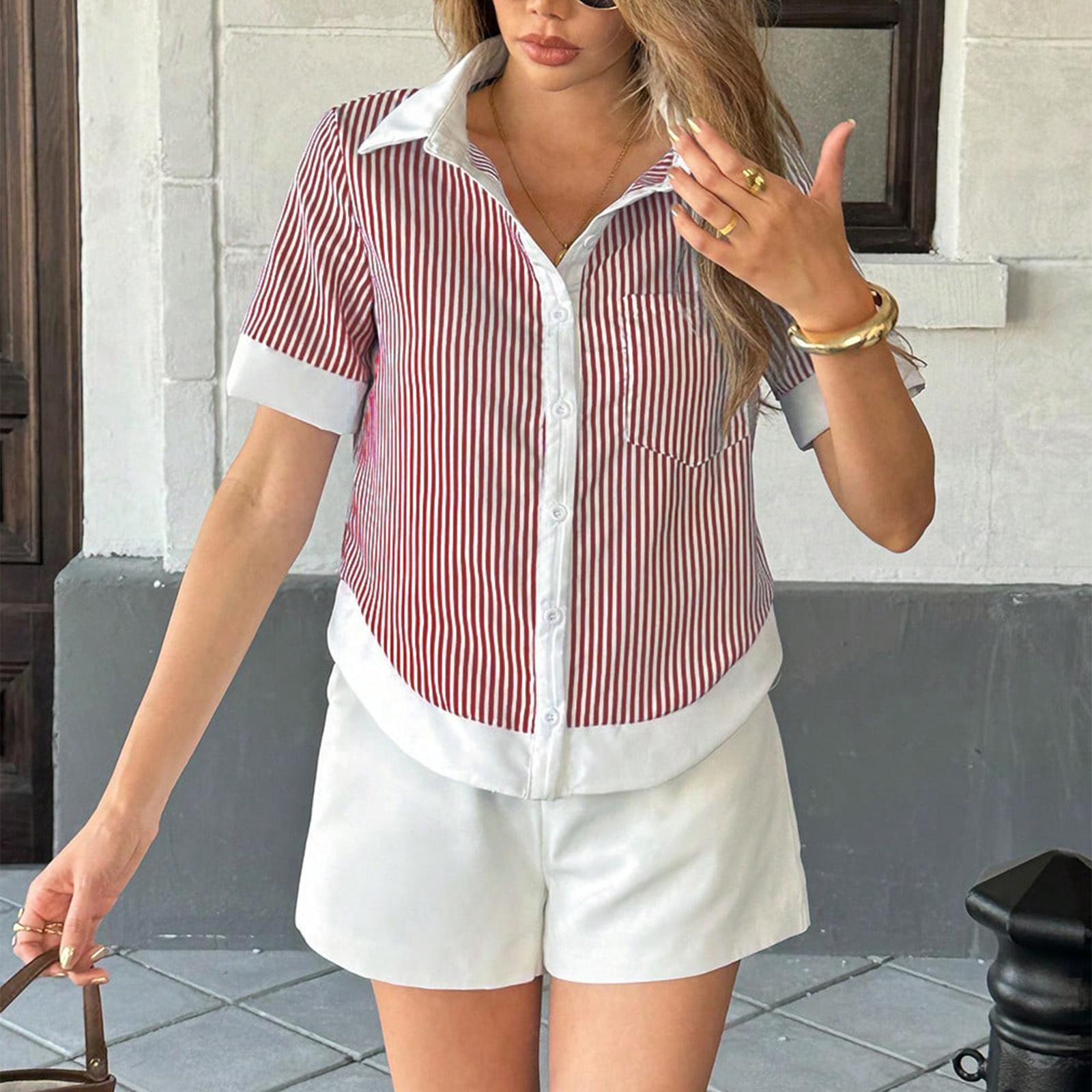 

Women s Fashion Collar Color Blocked Loose Single Breasted Short Sleeved Shirt Top XL винний