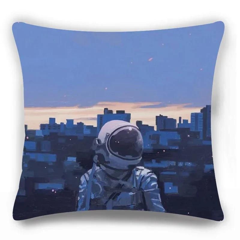 Home Lumbar Sofa Decorative Pillowcase Astronaut  Cosmic Planet Spaceship Cushion Cover