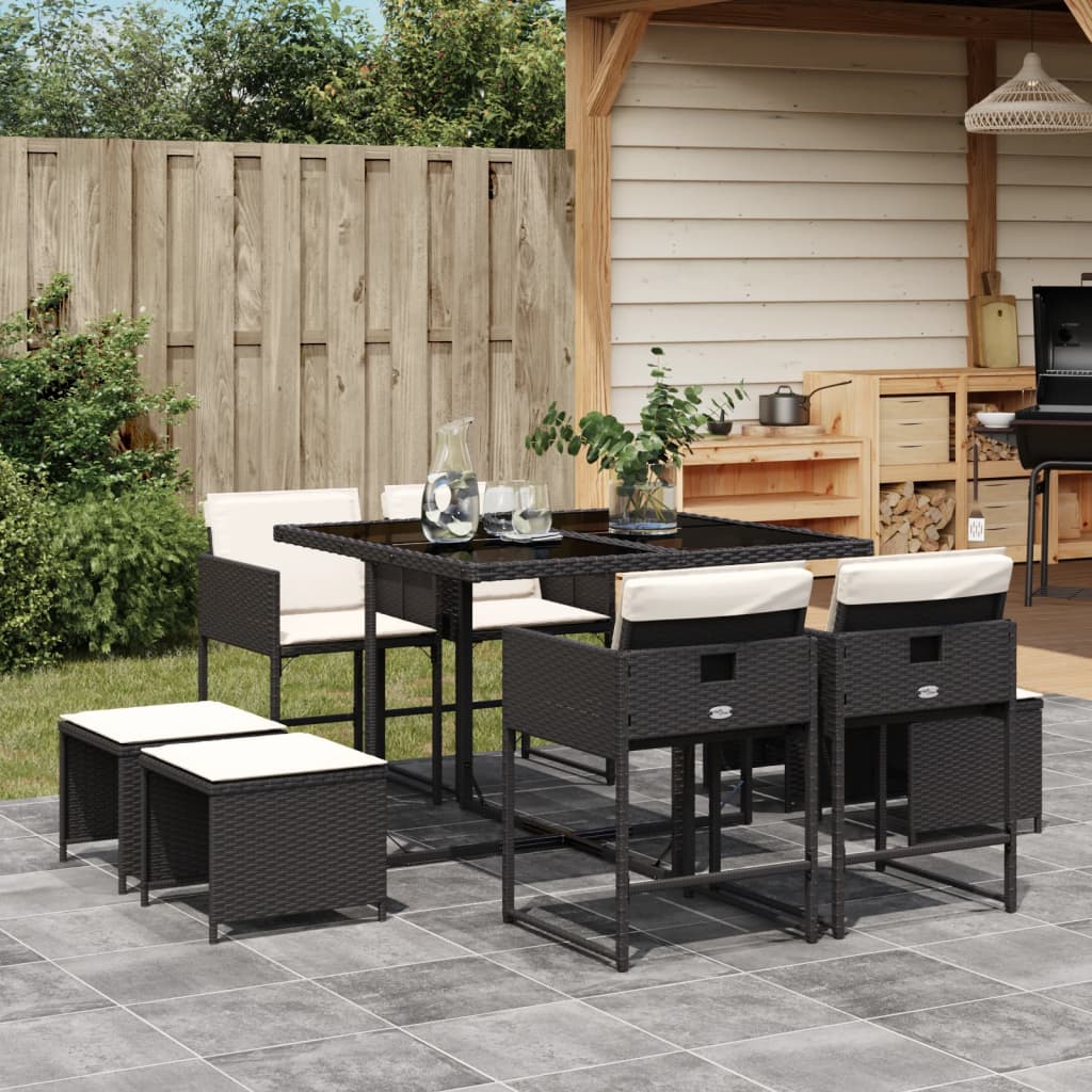 Vidaxl 9-Cz. Garden Furniture Set With Cushions, Black, PE Rattan