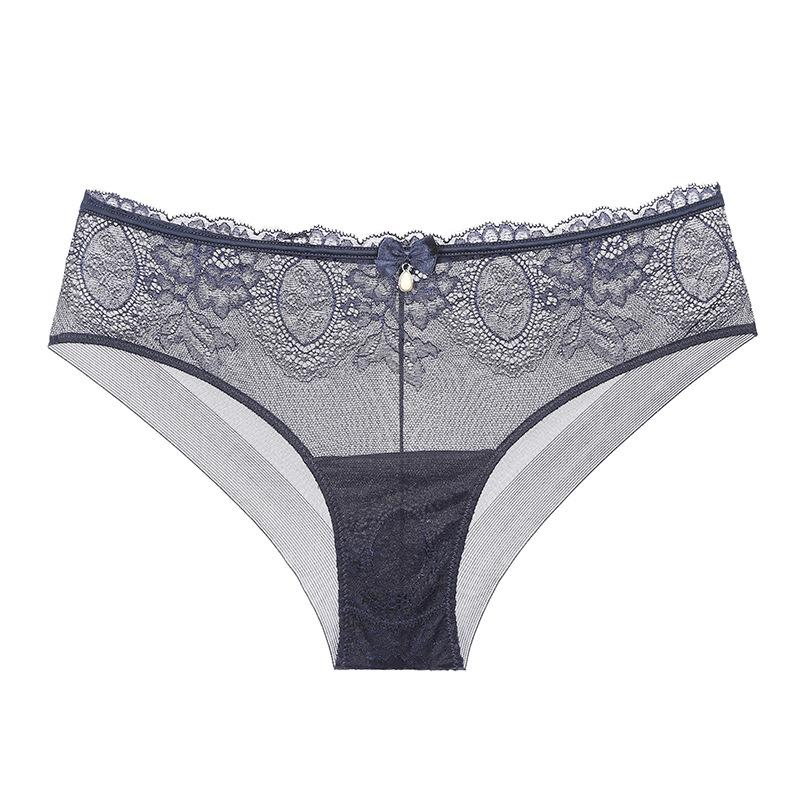 Ropa interior de encaje estilo europeo y americano con entrepierna de algodón ahuecada transpirable de talle medio para mujer